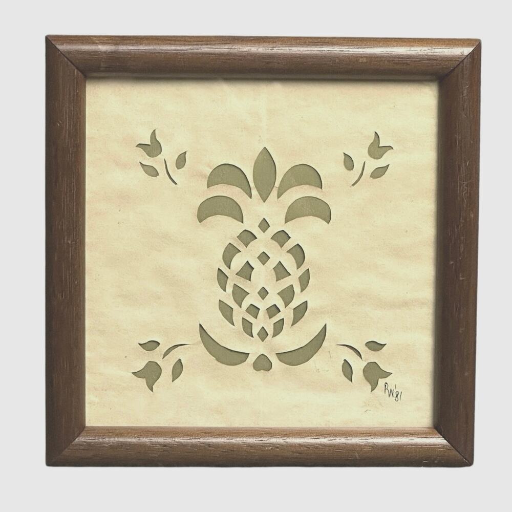 VTG signed framed folk art cutwork pineapple Pennsylvania Dutch Scherenschnitte